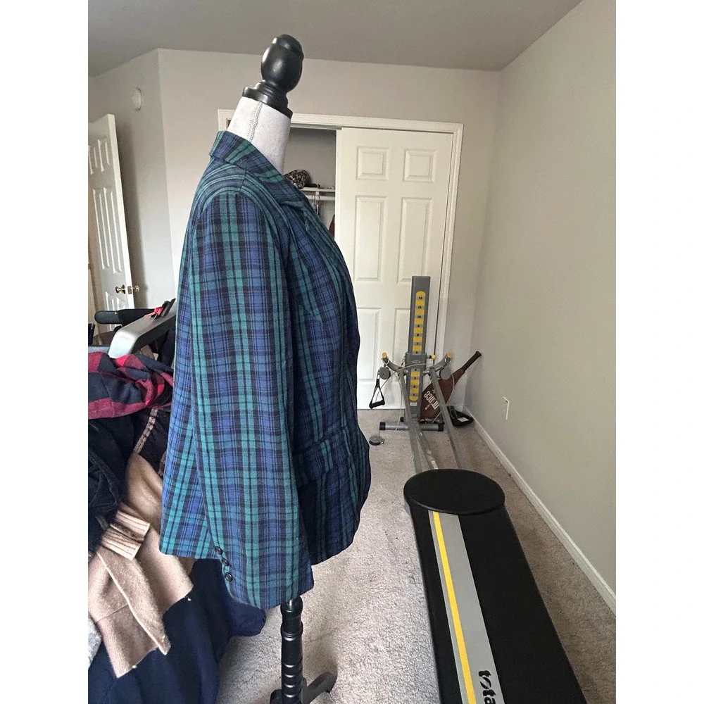 Vintage 80's Retro Roaman's Plaid Blazer Jacket Blue Green Career‎ Casual 16W